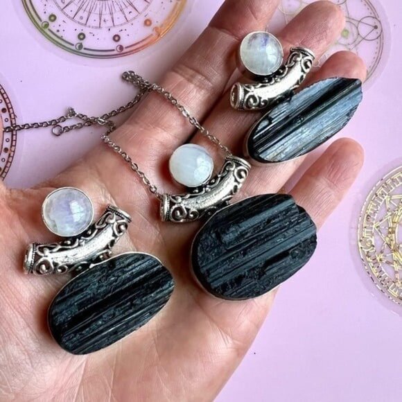 925 Yin Yang YOU CHOOSE! Raw Black Tourmaline + Moonstone Pendant Necklace - Picture 2 of 10